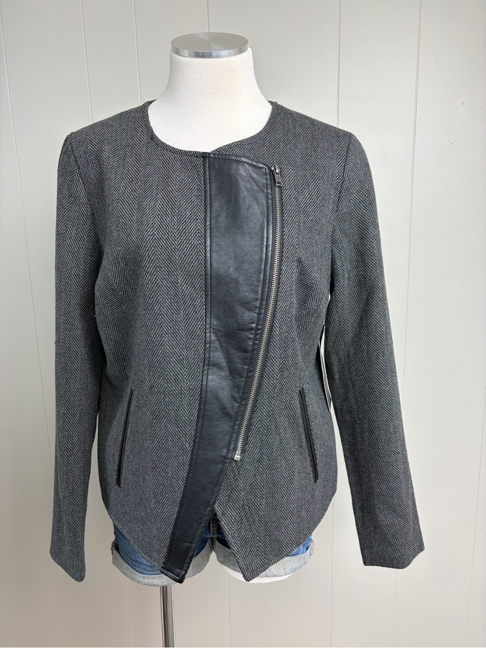 Ruff Hewn Grey Herringbone Moto Jacket Faux Leather NWT M